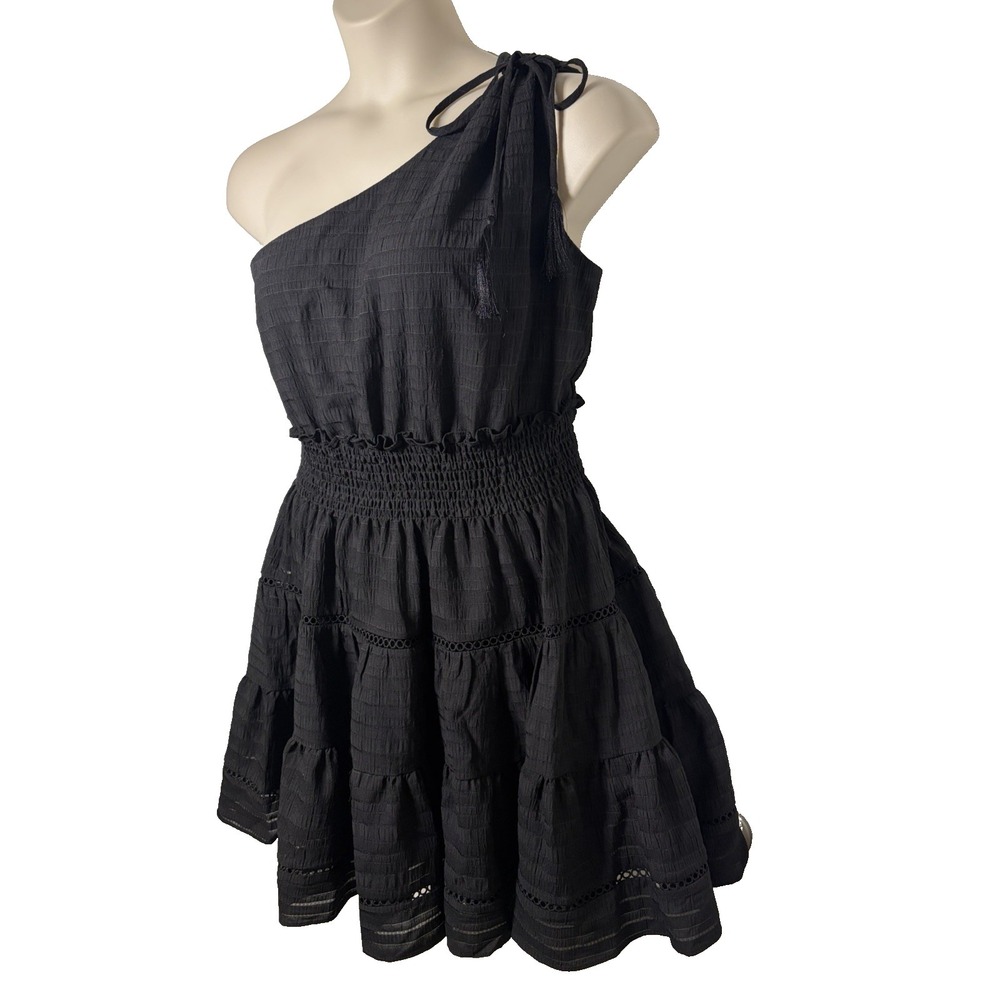 Taylor One Shoulder Tiered Ruffle Short Dress~L~Black Smocked Waist Peasant Boho